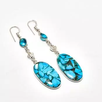 Ювелирные серьги ручной работы с медно-голубой бирюзой и голубым топазом, 2,84 дюйма