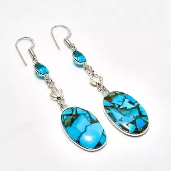 Ювелирные серьги ручной работы с медно-голубой бирюзой и голубым топазом, 2,65 дюйма