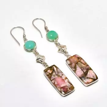 Ювелирные серьги ручной работы с медным родохрозитом и хризопразом 3,03 дюйма