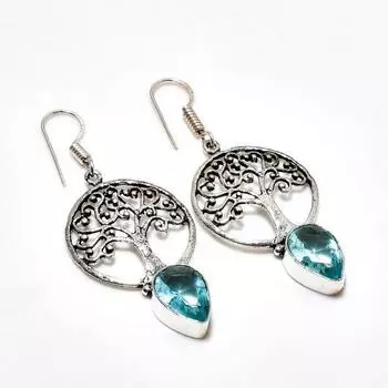 Ювелирные серьги ручной работы с покрытием из серебра 925 пробы, швейцарский голубой топаз, 2,08 дюйма