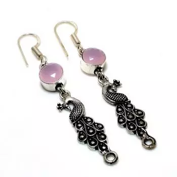 Ювелирные серьги ручной работы с розовым халцедоном 925 пробы, посеребренные, 2,38 дюйма