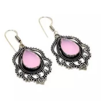 Ювелирные серьги ручной работы с розовым халцедоном 925 пробы, посеребренные, 1,70 дюйма