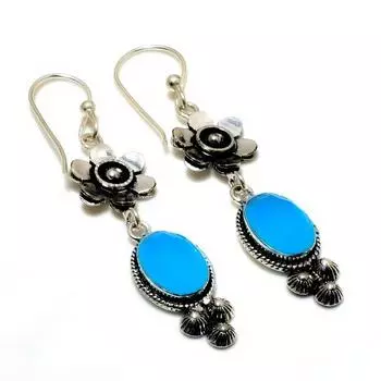 Ювелирные серьги ручной работы с синим халцедоном 925 пробы, посеребренные, 2,65 дюйма