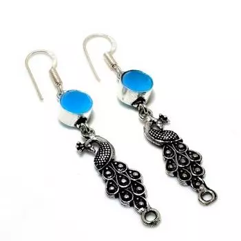 Ювелирные серьги ручной работы с синим халцедоном 925 пробы, посеребренные, 2,38 дюйма