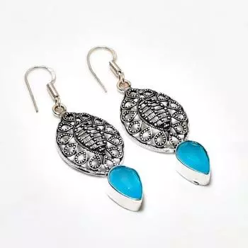 Ювелирные серьги ручной работы с синим халцедоном, посеребренные 925 пробы, 25,5 дюймов