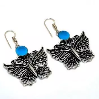 Ювелирные серьги ручной работы с синим халцедоном 925 пробы, посеребренные, 1,25 дюйма