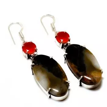 Ювелирные серьги с агатом и гранатом в горошек, посеребренные 925 пробы, 2,27 дюйма