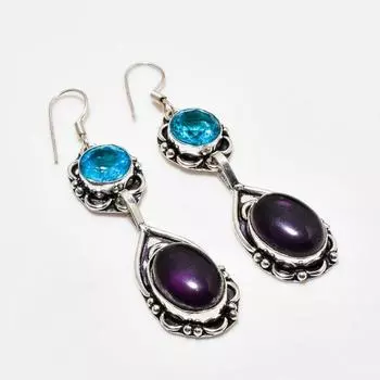 Ювелирные серьги с аметистом и голубым топазом 925 пробы, посеребренные, 2,65 дюйма
