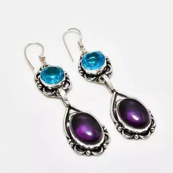 Ювелирные серьги с аметистом и голубым топазом 925 пробы, посеребренные, 2,65 дюйма