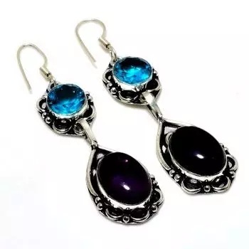 Ювелирные серьги с аметистом и голубым топазом 925 пробы, посеребренные, 2,65 дюйма