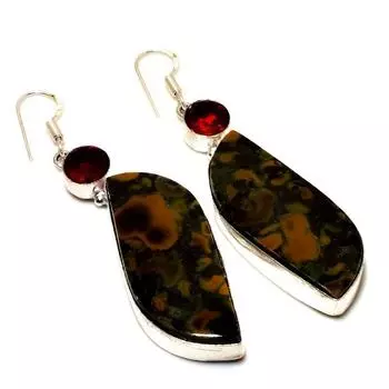 Ювелирные серьги с бамбуковой яшмой и гранатом 925 пробы, посеребренные, 2,65 дюйма