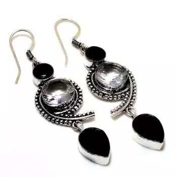 Ювелирные серьги с белым топазом и черной шпинелью 925 пробы, посеребренные, 2,65 дюйма