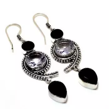 Ювелирные серьги с белым топазом и черной шпинелью 925 пробы, посеребренные, 2,65 дюйма