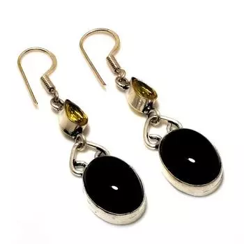 Ювелирные серьги с черным ониксом и цитрином 925 пробы, посеребренные, 2,12 дюйма