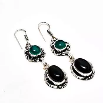 Ювелирные серьги с черным ониксом и зеленым ониксом 925 пробы, посеребренные, 2,27 дюйма