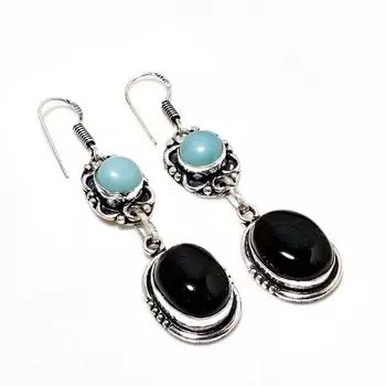 Ювелирные серьги с черным ониксом и драгоценным камнем Ларимар 925 пробы, посеребренные, 2,27 дюйма