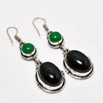 Ювелирные серьги с черным ониксом и зеленым ониксом 925 пробы, посеребренные, 2,27 дюйма