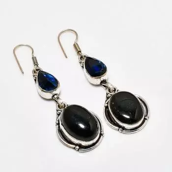 Ювелирные серьги с черным ониксом и синим топазом 925 пробы, посеребренные, 2,27 дюйма