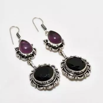 Ювелирные серьги с черным шпинелем и аметистом 925 пробы, посеребренные, 2,65 дюйма