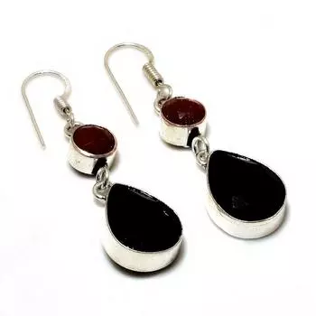 Ювелирные серьги с черным шпинелем и красным солнечным камнем 925 пробы с серебряным покрытием размером 1,89 дюйма