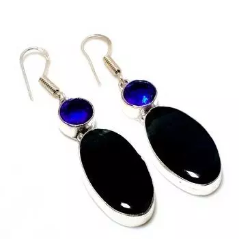Ювелирные серьги с черным тигровым глазом и голубым топазом, посеребренные 925 пробы, 2,08 дюйма