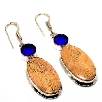 Ювелирные серьги с изображением яшмы, голубого топаза 925 пробы, посеребренные, 2,08 дюйма