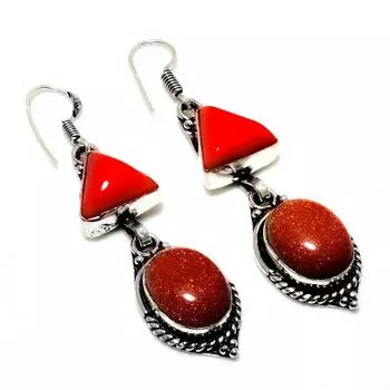 Ювелирные серьги с красным солнечным камнем и красным кораллом, посеребренные 925 пробы, 2,27 дюйма