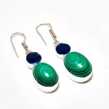 Ювелирные серьги с малахитом и голубым топазом 925 пробы, посеребренные, 1,70 дюйма