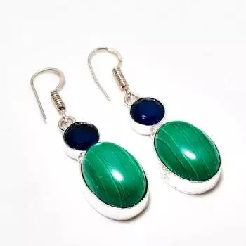 Ювелирные серьги с малахитом и голубым топазом 925 пробы, посеребренные, 1,89 дюйма