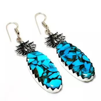 Ювелирные серьги с медно-голубым бирюзовым камнем 925 пробы, посеребренные, 2,46 дюйма