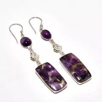 Ювелирные серьги с медным аметистом и драгоценным камнем 925 пробы, покрытые серебром, 3,21 дюйма