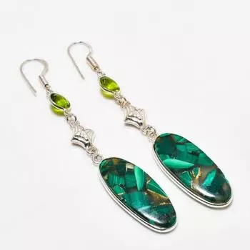 Ювелирные серьги с медным малахитом и драгоценным камнем перидот 925 пробы, посеребренные, 3,03 дюйма