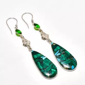 Ювелирные серьги с медным малахитом и диопсидом 925 пробы, посеребренные, 3,21 дюйма
