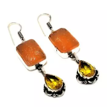 Ювелирные серьги с персиковым халцедоном и цитрином, посеребренные 925 пробы, 2,27 дюйма