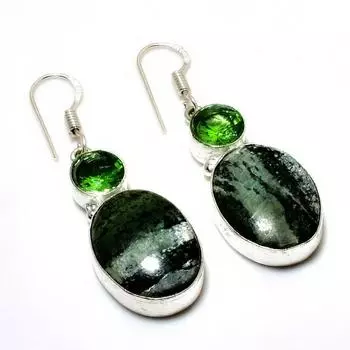 Ювелирные серьги с полосатым зеленым опалом и перидотом 925 пробы, посеребренные, 1,89 дюйма
