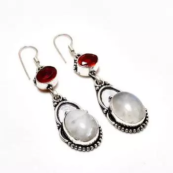 Ювелирные серьги с радужным лунным камнем и гранатом 925 пробы, посеребренные, 2,27 дюйма