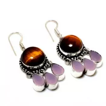 Ювелирные серьги с розовым халцедоном 925 пробы «Тигровый глаз», покрытые серебром, 1,70 дюйма