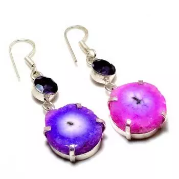 Ювелирные серьги с розовым солнечным кварцем и аметистом, посеребренные 925 пробы, 2,08 дюйма