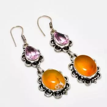 Ювелирные серьги с сердоликом и розовым кунцитом 925 пробы, посеребренные, 2,46 дюйма