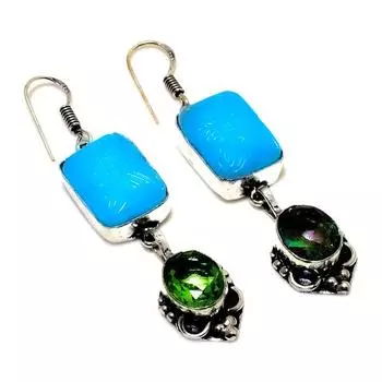 Ювелирные серьги с синим халцедоном цаворитом 925 пробы, посеребренные, 2,27 дюйма