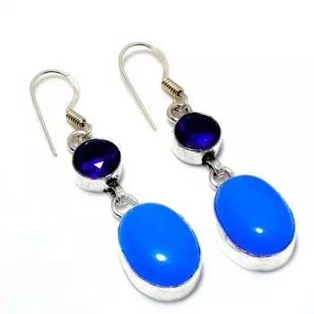 Ювелирные серьги с синим халцедоном и аметистом, посеребренные 925 пробы, 1,89 дюйма