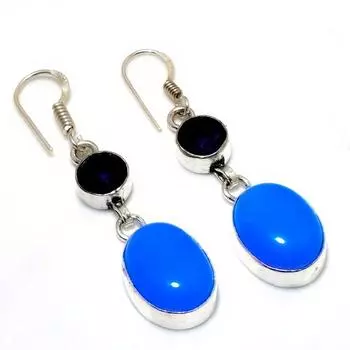 Ювелирные серьги с синим халцедоном и аметистом, посеребренные 925 пробы, 1,89 дюйма