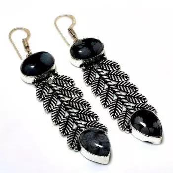 Ювелирные серьги с снежинкой и обсидианом 925 пробы, посеребренные, 2,84 дюйма