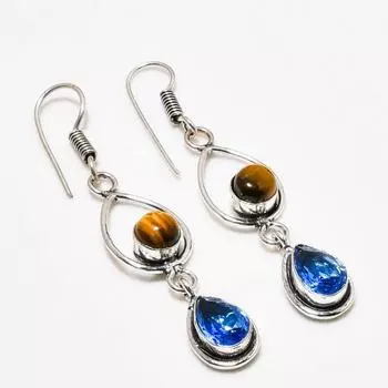 Ювелирные серьги с тигровым глазом и голубым топазом 925 пробы, посеребренные, 2,27 дюйма