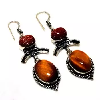 Ювелирные серьги с тигровым глазом и красным солнечным камнем 925 пробы, посеребренные, 2,65 дюйма