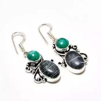Ювелирные серьги с зебровой яшмой и малахитом 925 пробы, посеребренные, 1,70 дюйма