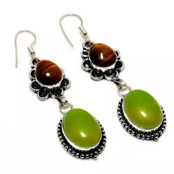 Ювелирные серьги с зеленым халцедоном «Тигровый глаз» 925 пробы, посеребренные, 2,46 дюйма