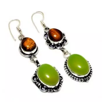 Ювелирные серьги с зеленым халцедоном «Тигровый глаз» 925 пробы, посеребренные, 2,46 дюйма