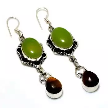 Ювелирные серьги с зеленым халцедоном «Тигровый глаз» 925 пробы, посеребренные, 2,65 дюйма