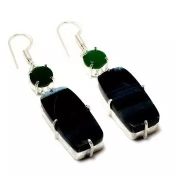 Ювелирные серьги с зеленым ониксом, черным тигровым глазом, посеребренной пробой 925 пробы, размером 2,27 дюйма